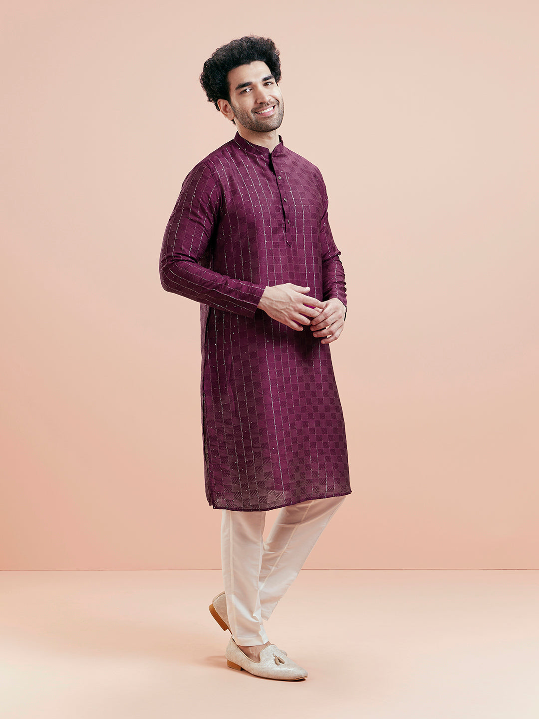 Wine Textured Sequinned Silk Blend Kurta