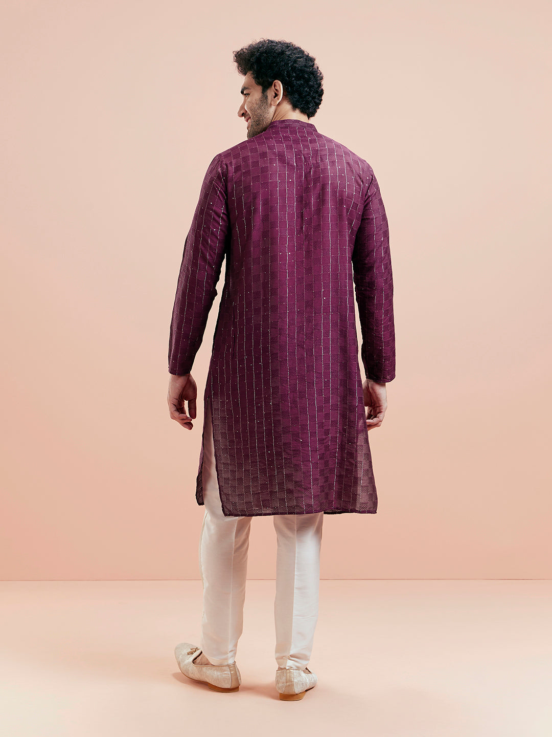 Wine Textured Sequinned Silk Blend Kurta