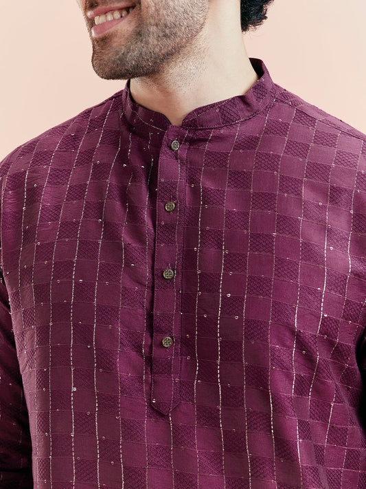 Wine Textured Sequinned Silk Blend Kurta