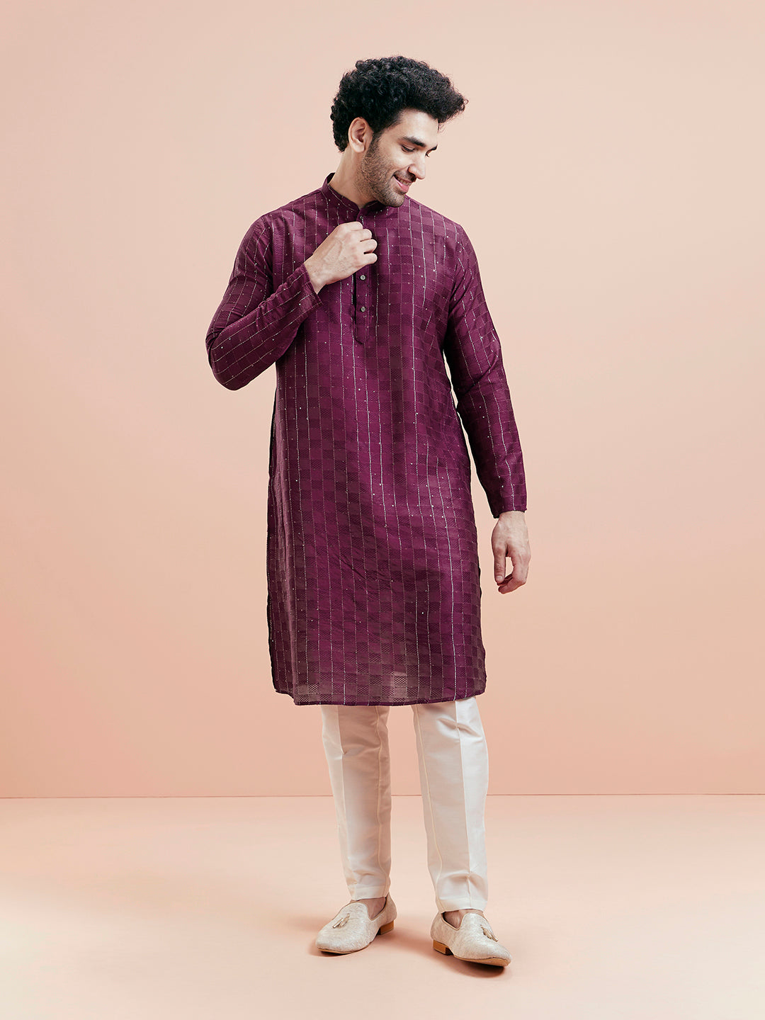 Wine Textured Sequinned Silk Blend Kurta