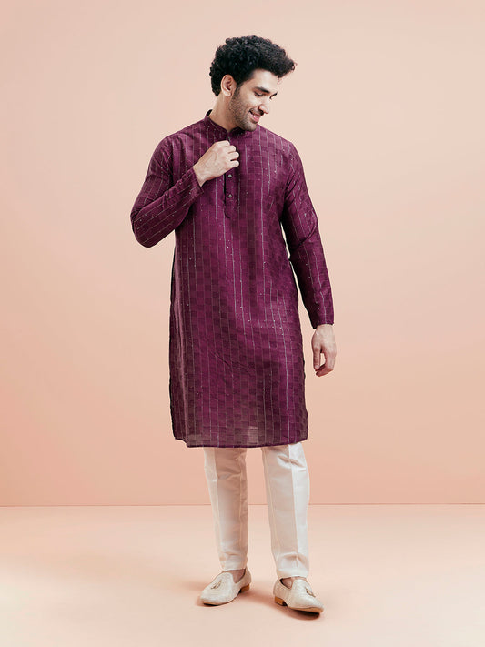 Wine Textured Sequinned Silk Blend Kurta