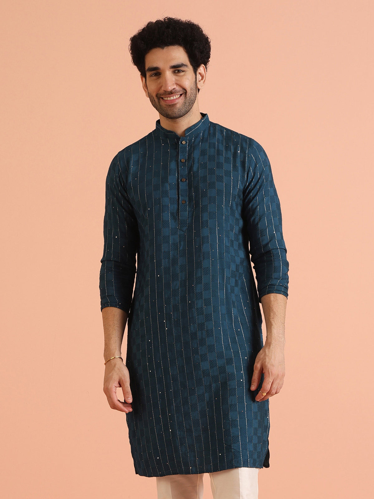 Teal Blue Jacquard Sequinned Kurta