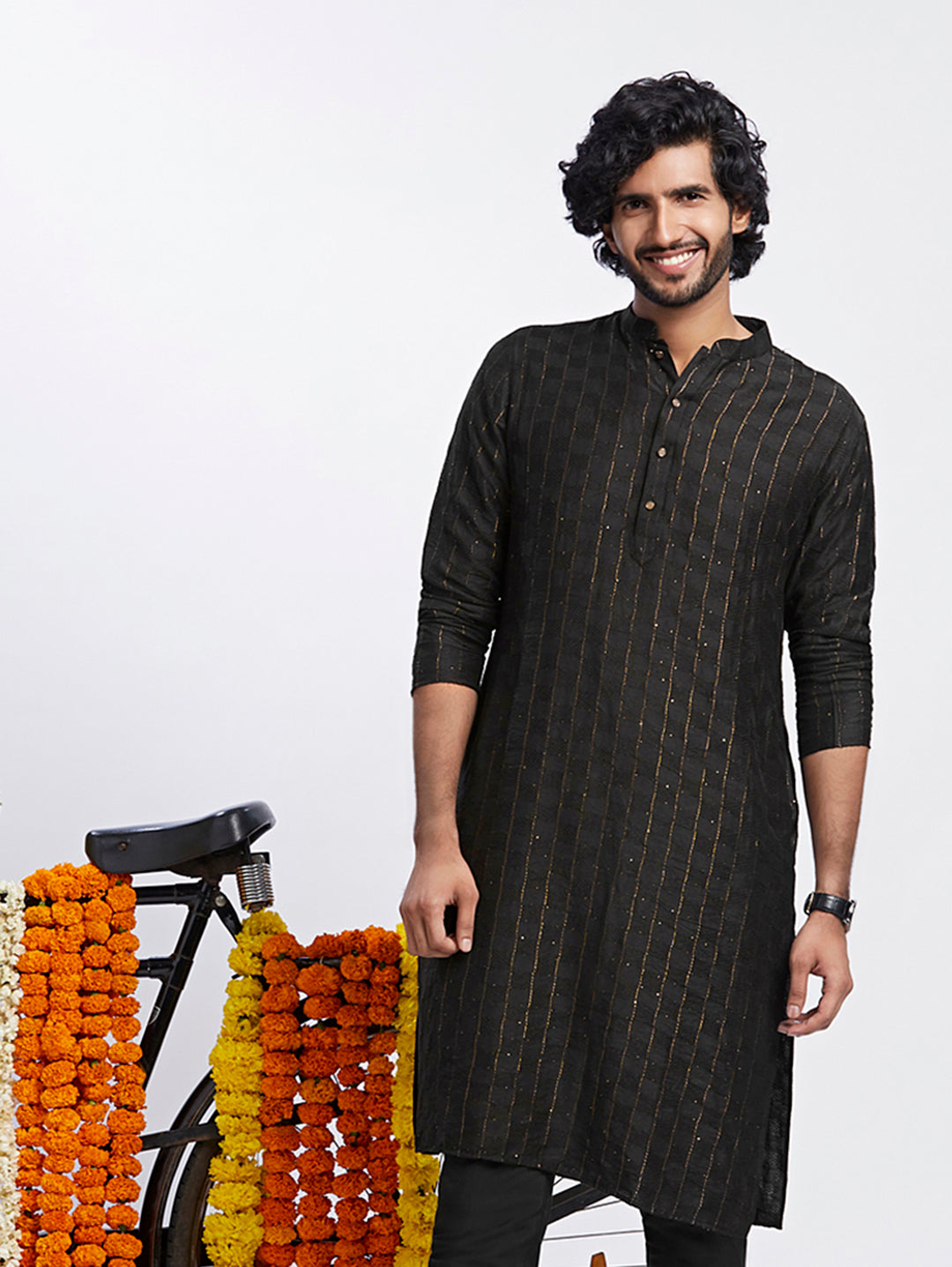 Black Cotton Silk Metallic Striped Long Kurta