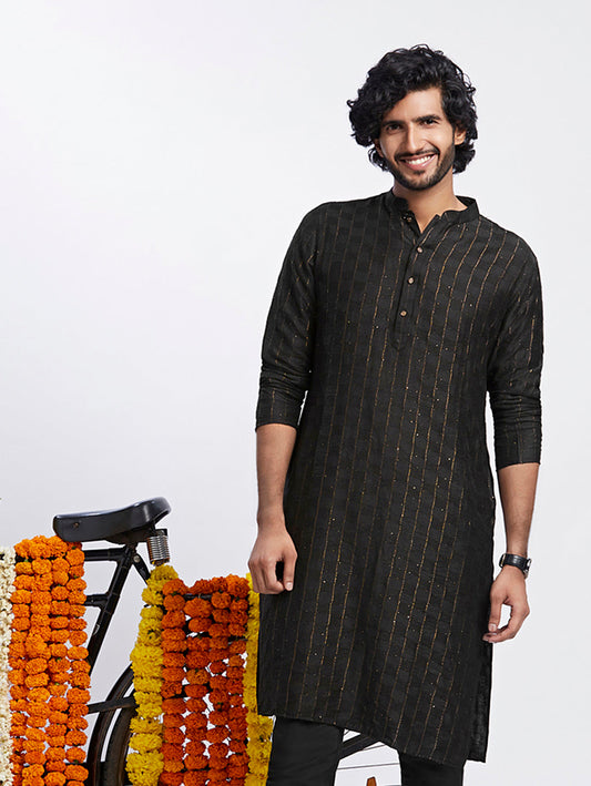 Black Cotton Silk Metallic Striped Long Kurta