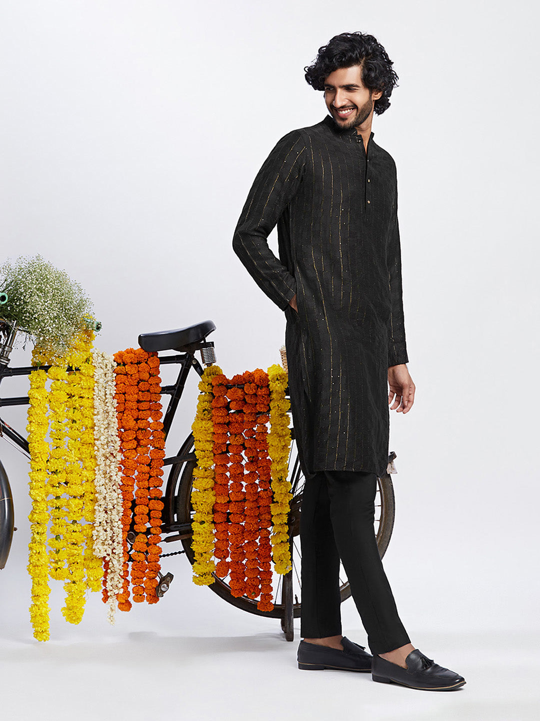 Black Cotton Silk Metallic Striped Long Kurta