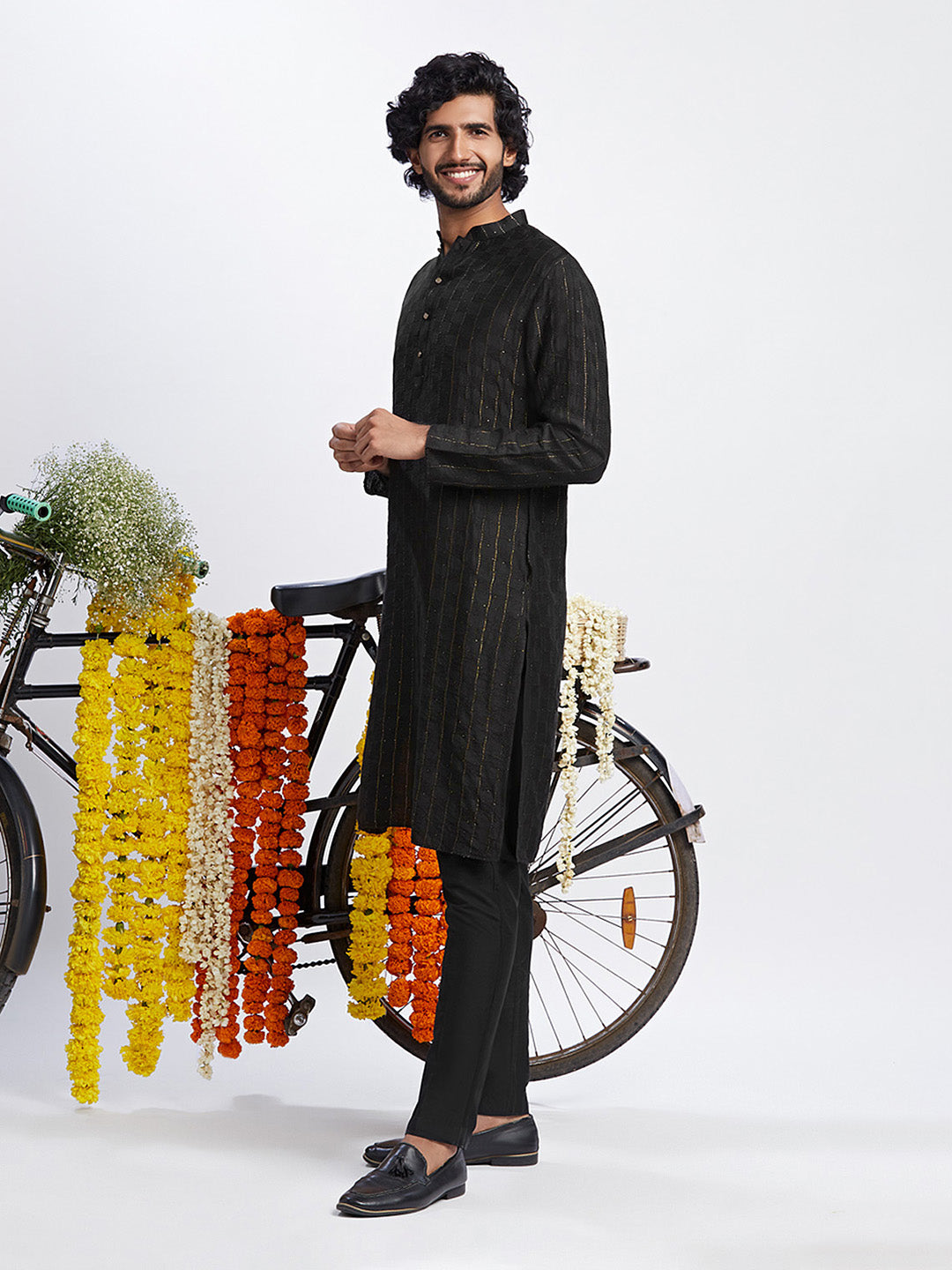 Black Cotton Silk Metallic Striped Long Kurta