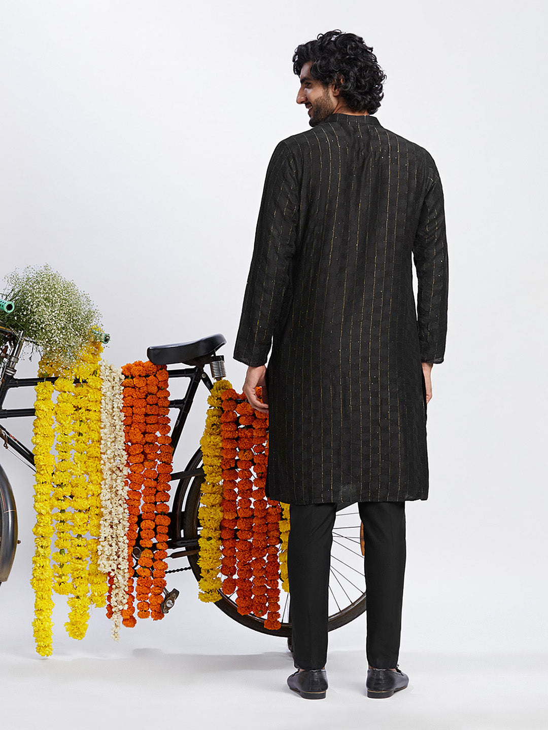 Black Cotton Silk Metallic Striped Long Kurta