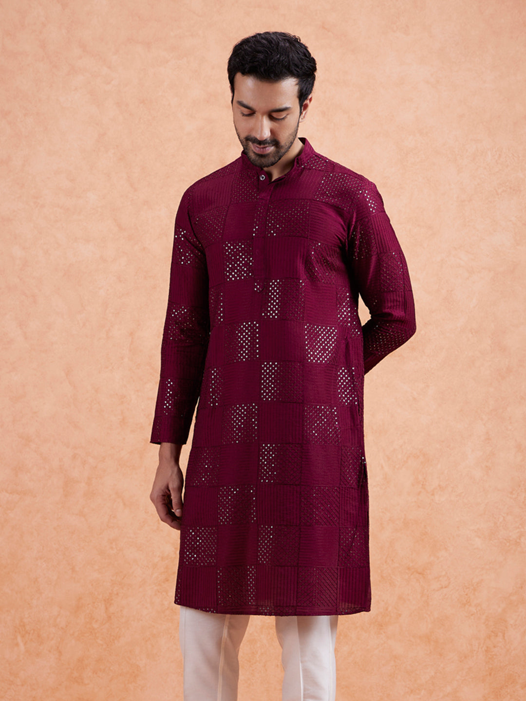 Maroon Cotton Geometric Embroidery Long Kurta