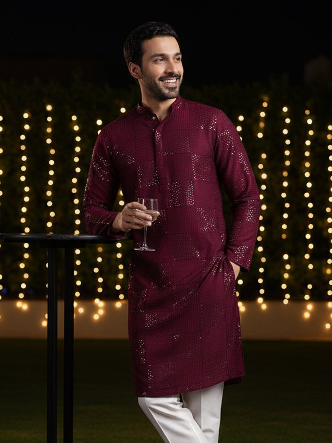 Maroon Cotton Geometric Embroidery Long Kurta