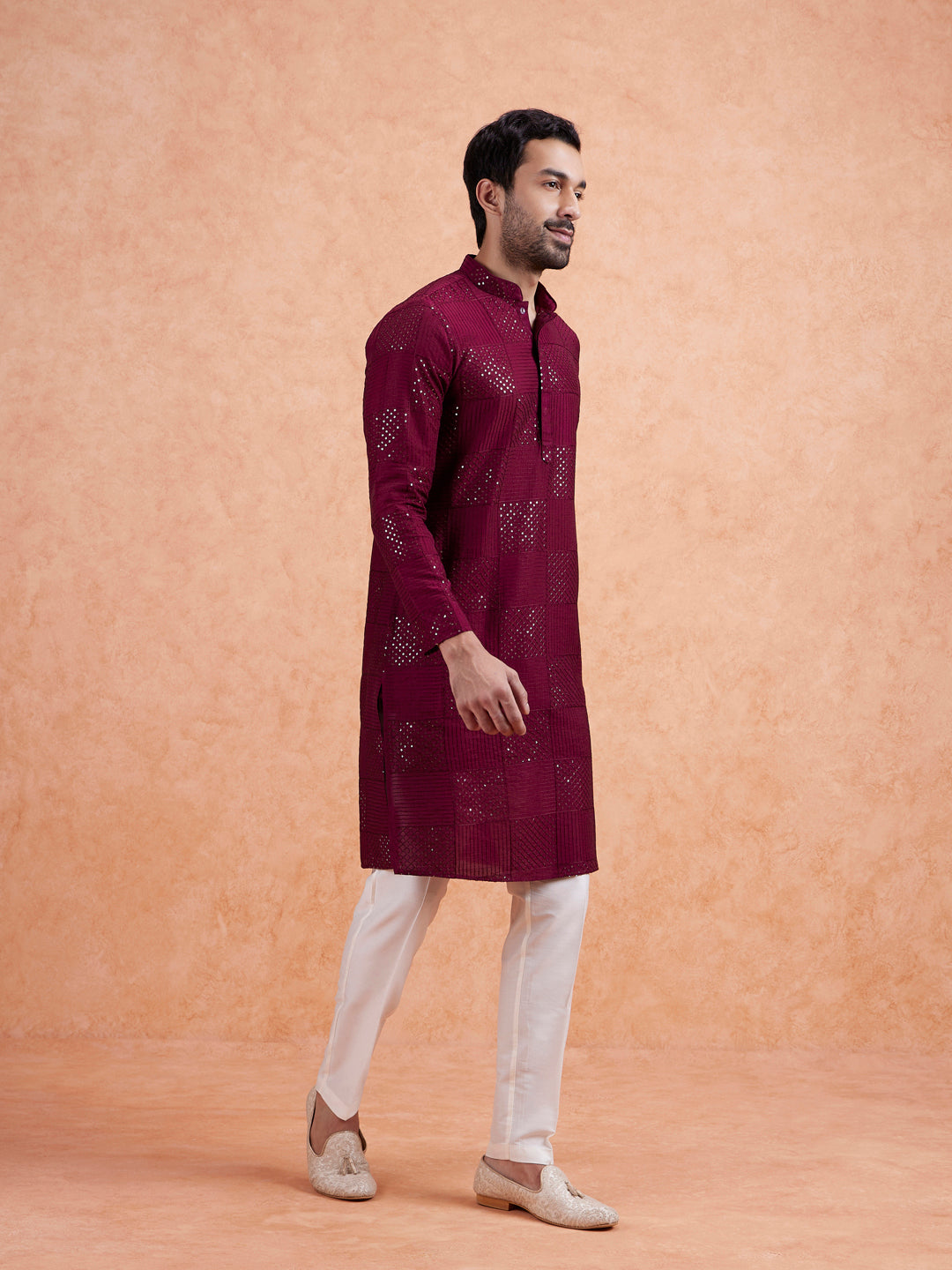 Maroon Cotton Geometric Embroidery Long Kurta