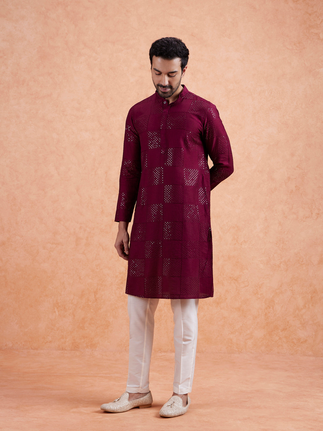 Maroon Cotton Geometric Embroidery Long Kurta