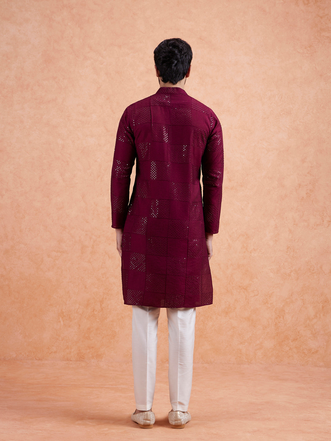 Maroon Cotton Geometric Embroidery Long Kurta