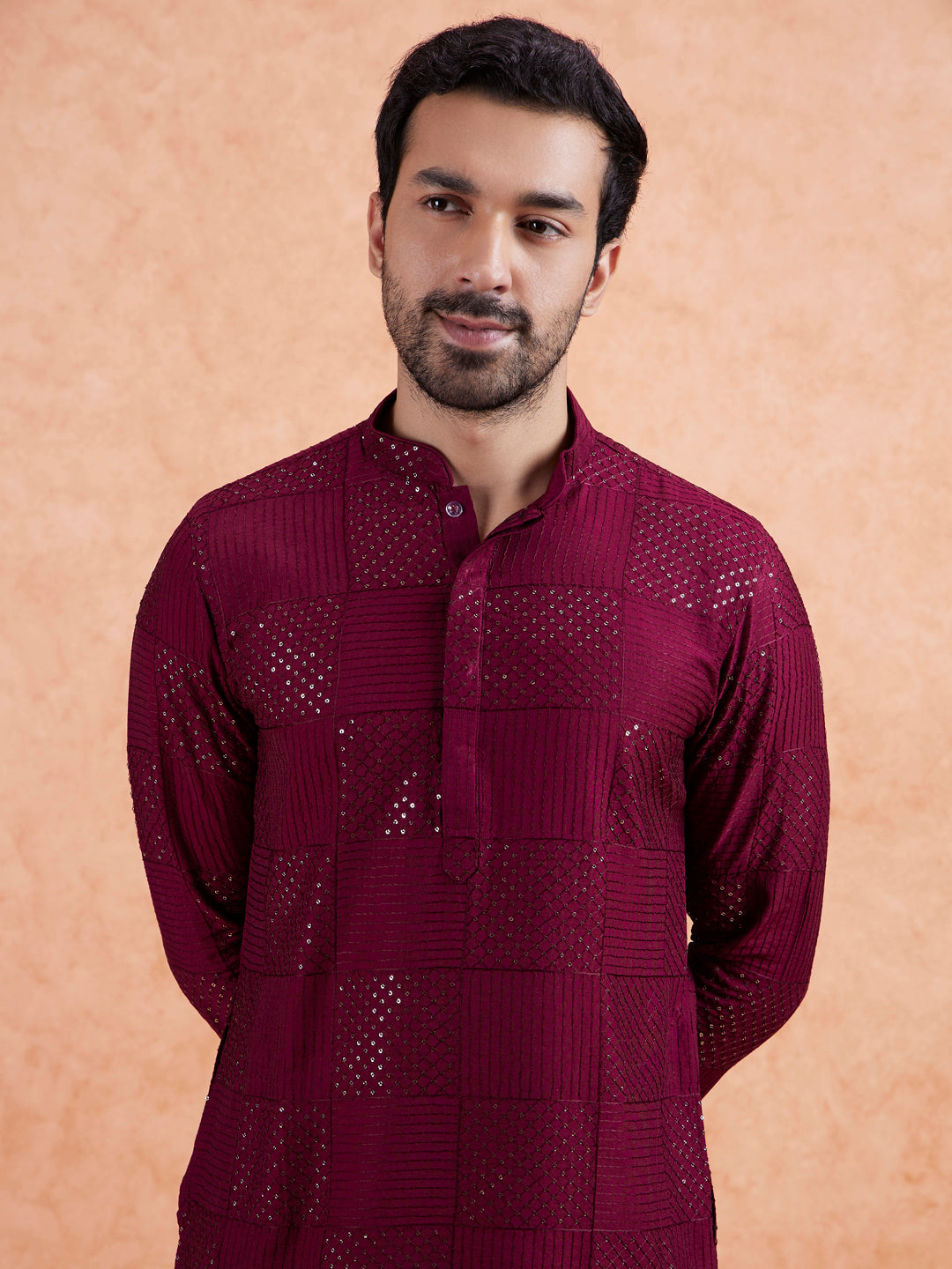 Maroon Cotton Geometric Embroidery Long Kurta