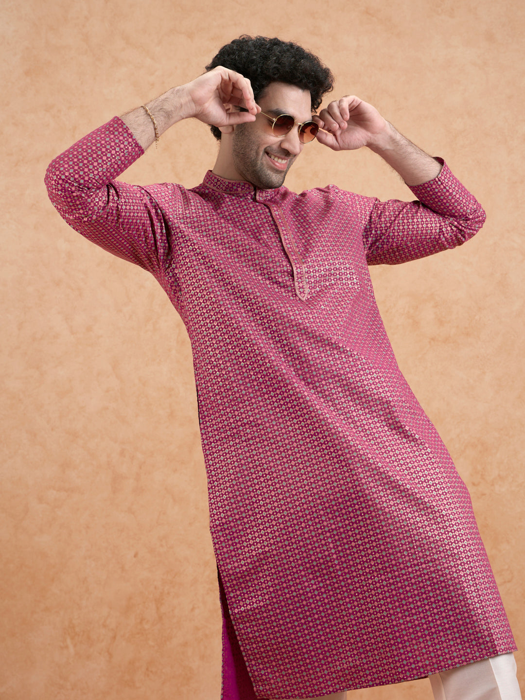 Magenta Silk Metallic Printed Long Kurta