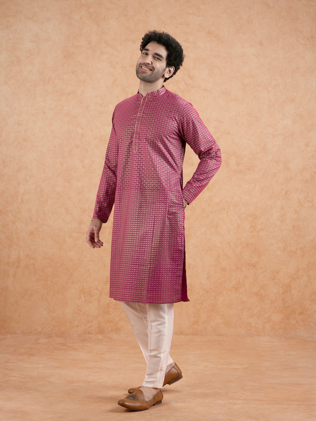 Magenta Silk Metallic Printed Long Kurta