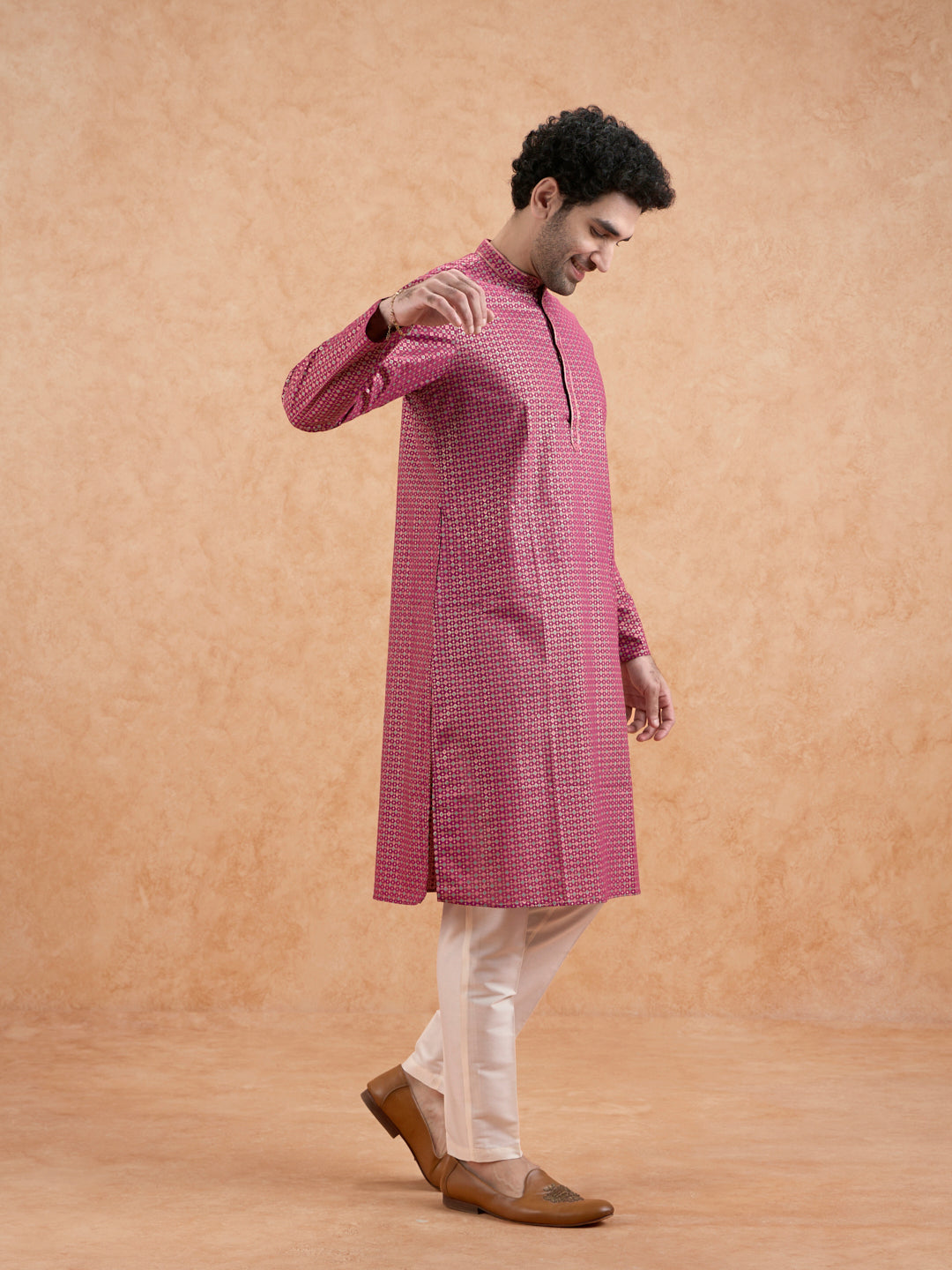 Magenta Silk Metallic Printed Long Kurta