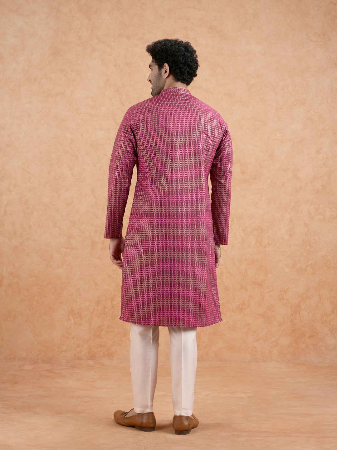 Magenta Silk Metallic Printed Long Kurta