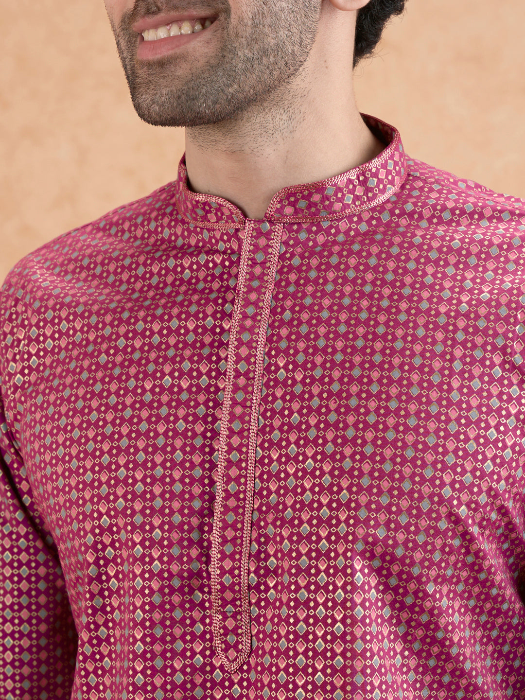 Magenta Silk Metallic Printed Long Kurta