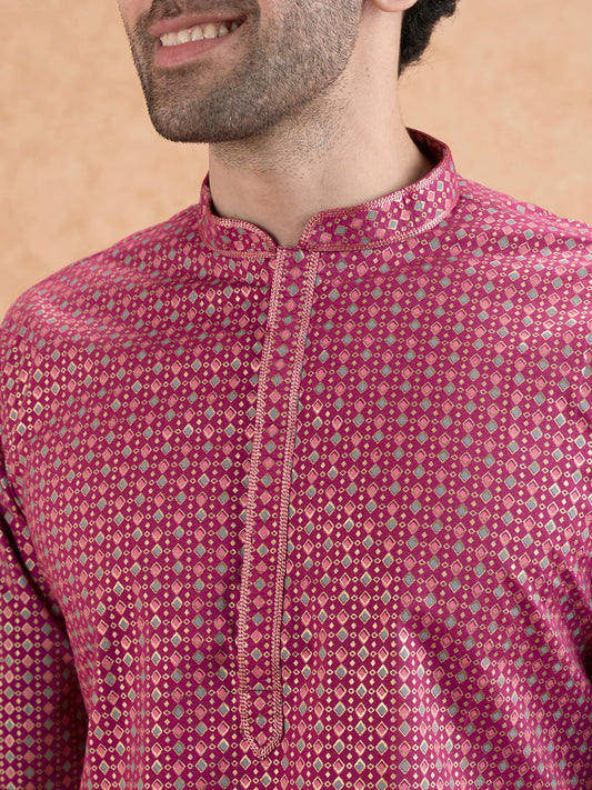 Magenta Silk Metallic Printed Long Kurta