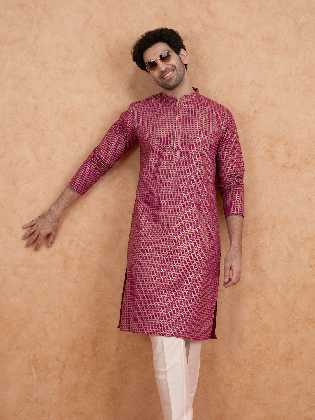 Magenta Silk Metallic Printed Long Kurta