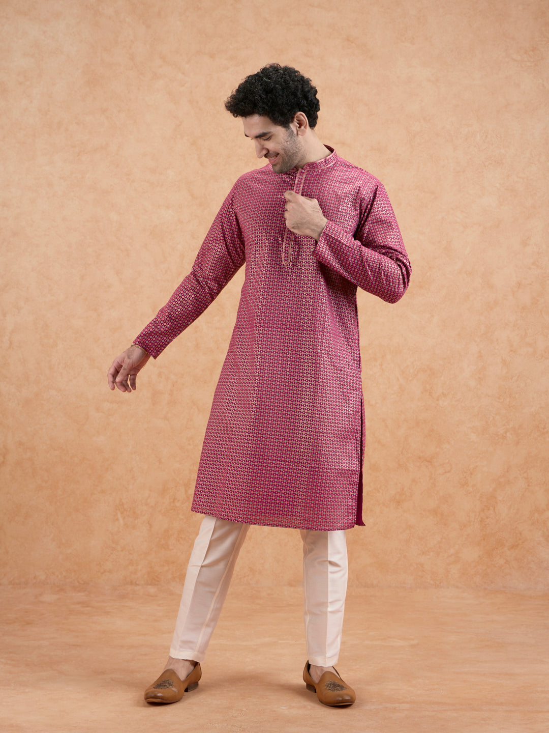 Magenta Silk Metallic Printed Long Kurta