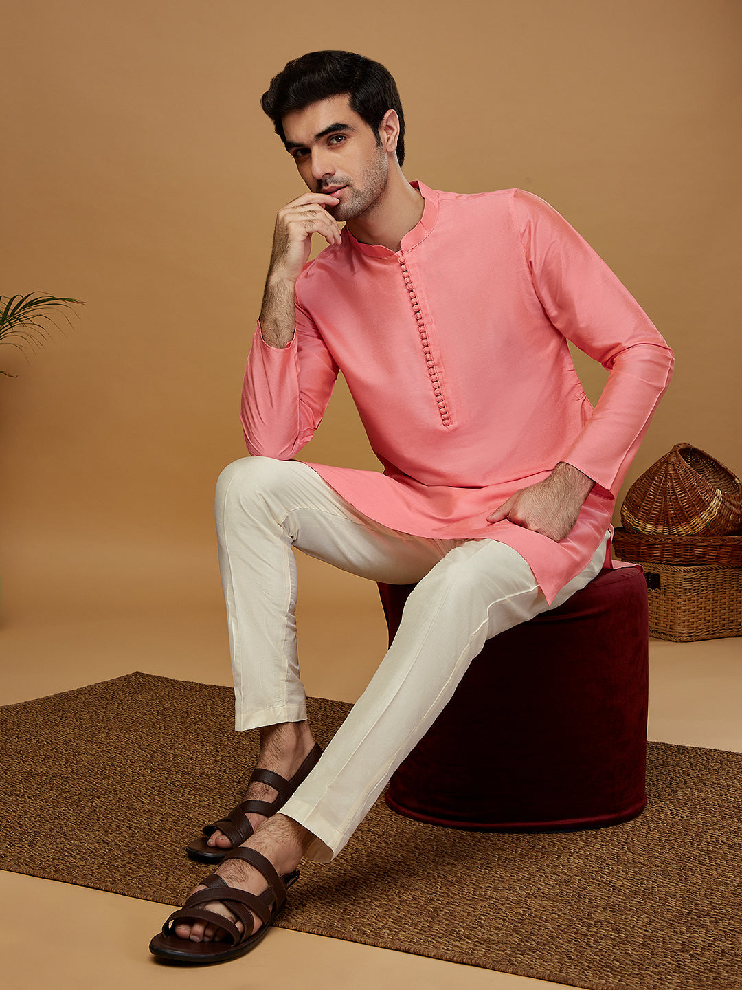 Pink Cotton Blend Solid Kurta
