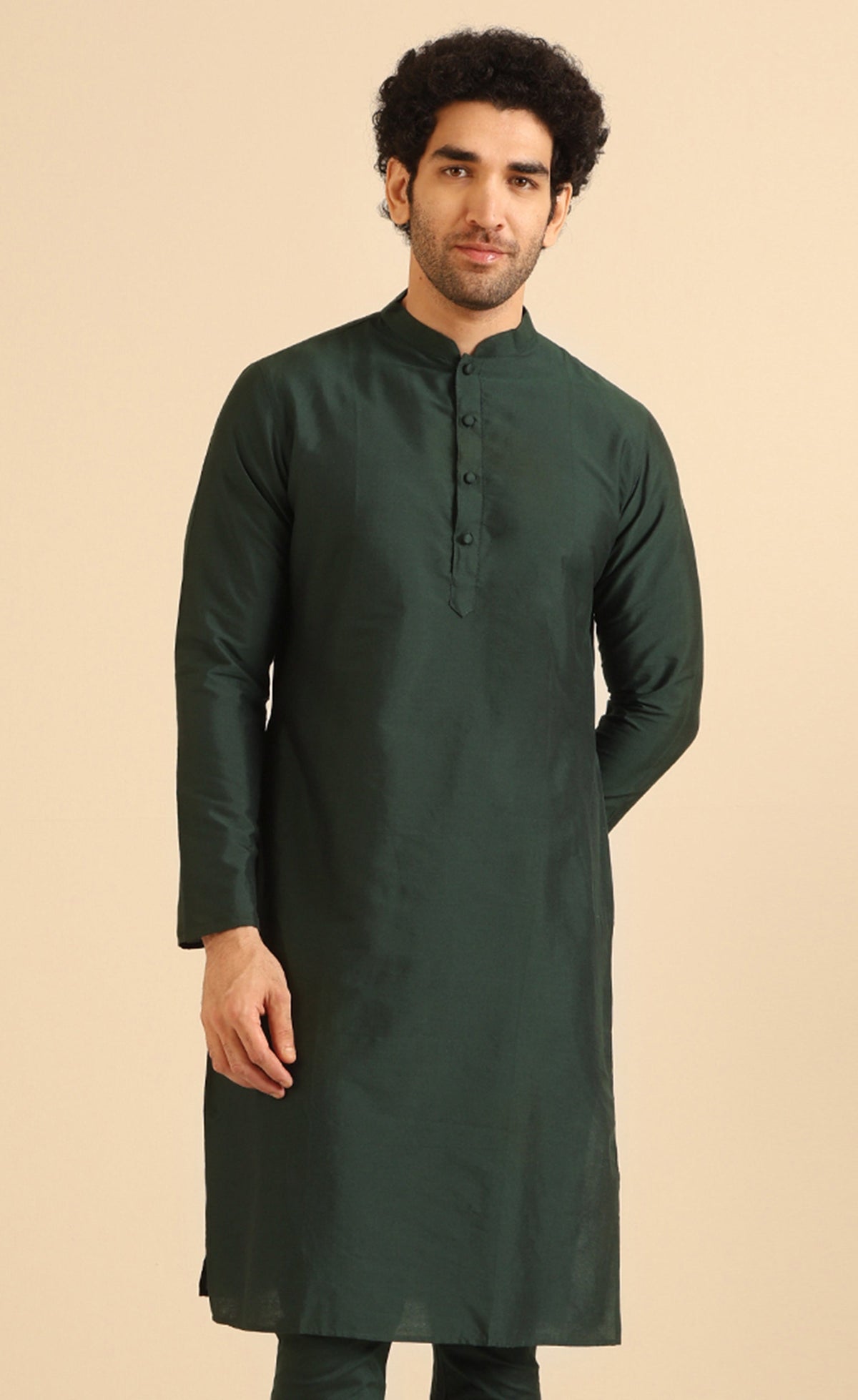Green Silk Blend Solid Long Kurta