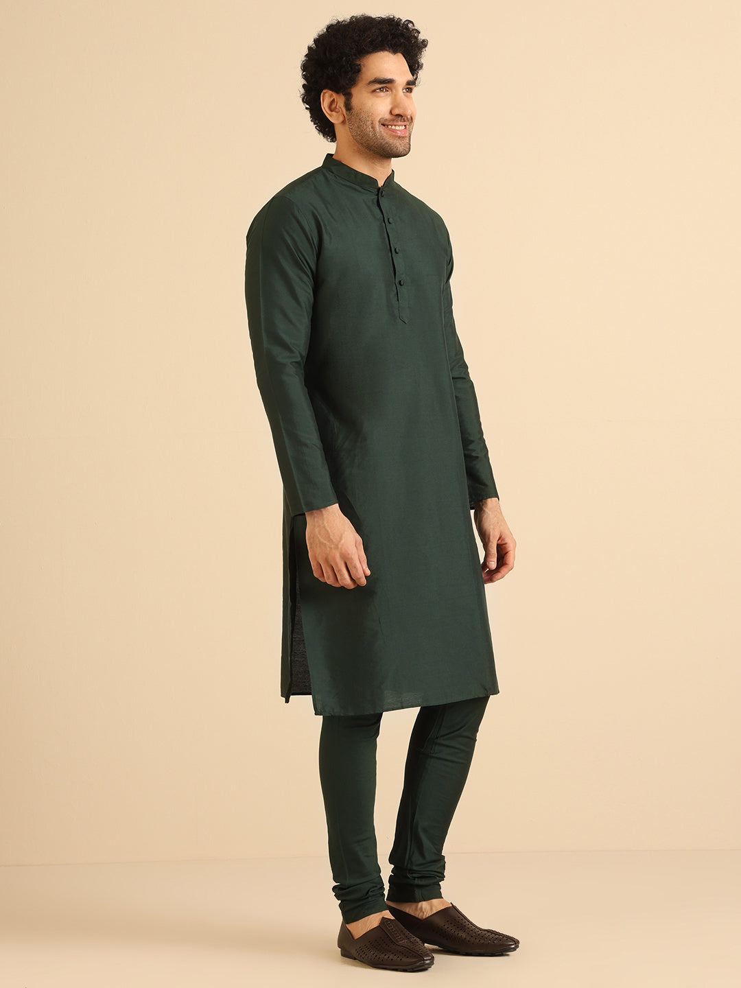 Green Silk Blend Solid Long Kurta