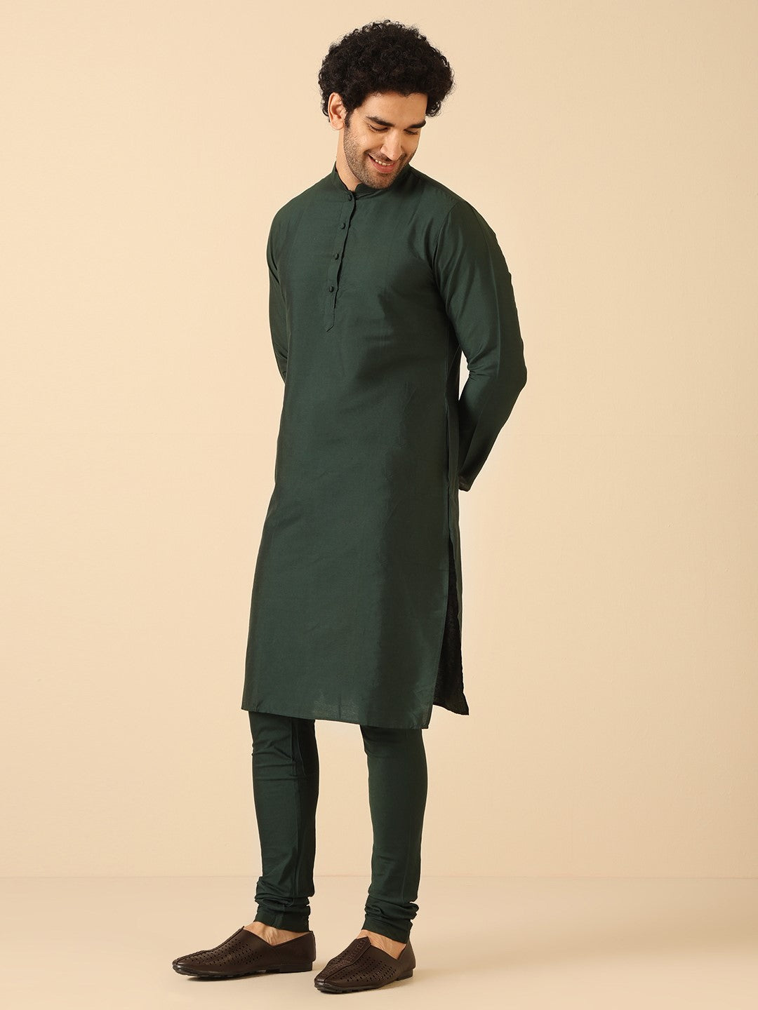 Green Silk Blend Solid Long Kurta