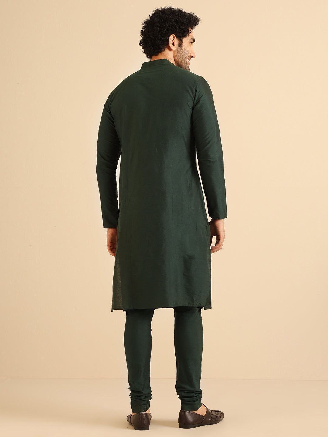 Green Silk Blend Solid Long Kurta