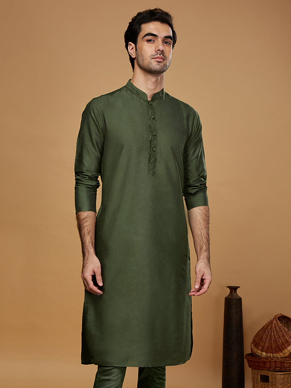 Green Silk Blend Solid Long Kurta
