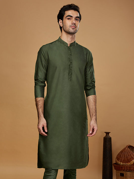 Green Silk Blend Solid Long Kurta