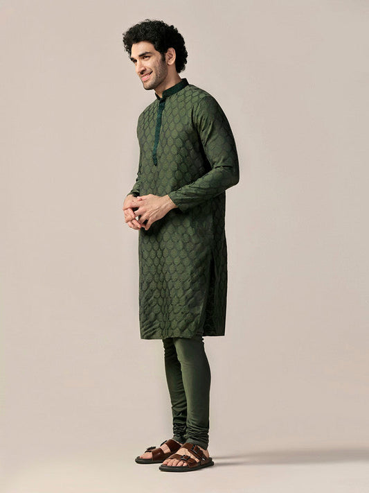 Bottle Green Silk Jacquard Kurta