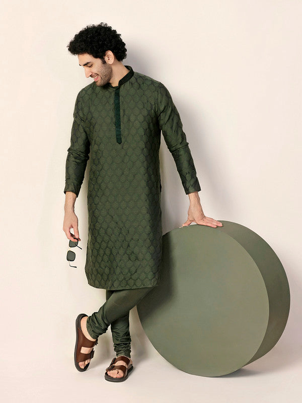 Bottle Green Silk Jacquard Kurta