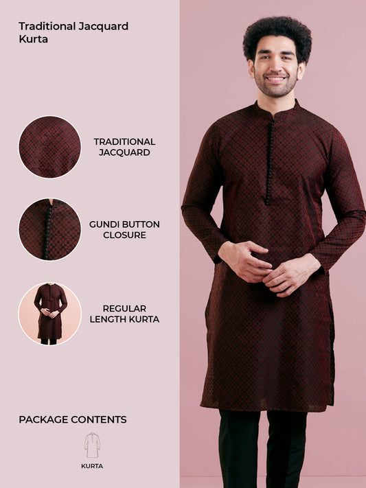 Maroon Silk Blend Woven Long Kurta