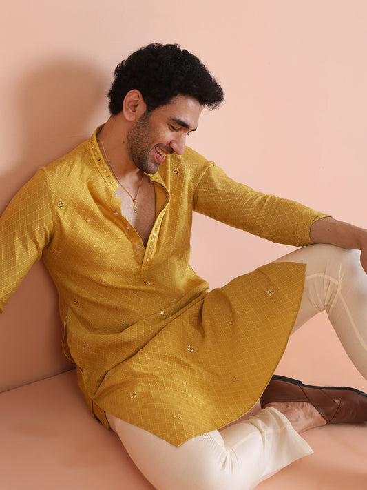 Golden Yellow Silk Mirror Work Kurta