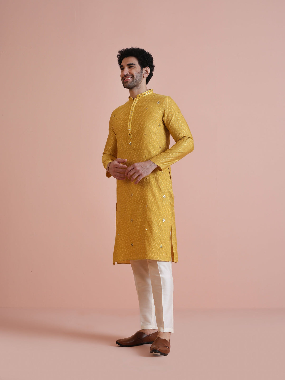 Golden Yellow Silk Mirror Work Kurta
