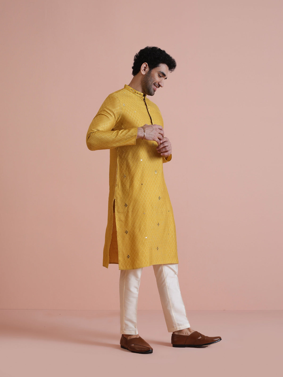 Golden Yellow Silk Mirror Work Kurta