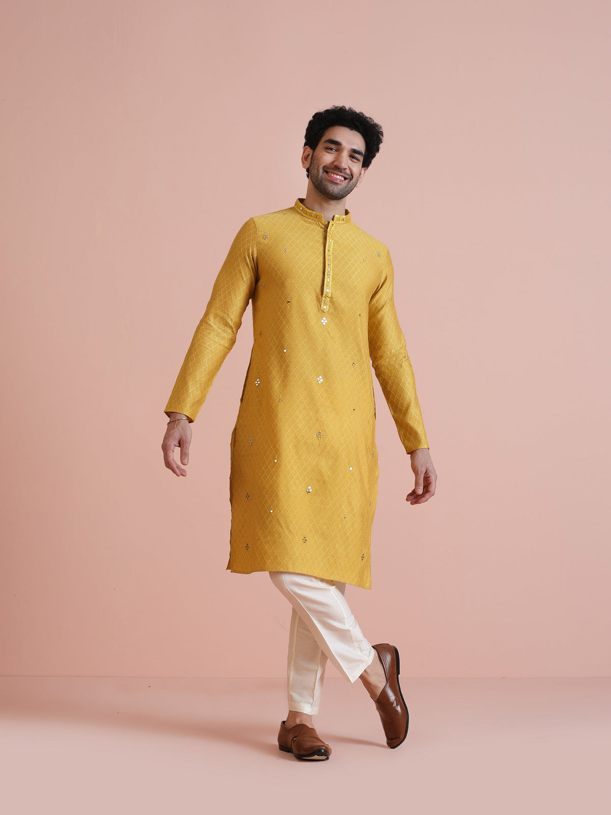 Golden Yellow Silk Mirror Work Kurta