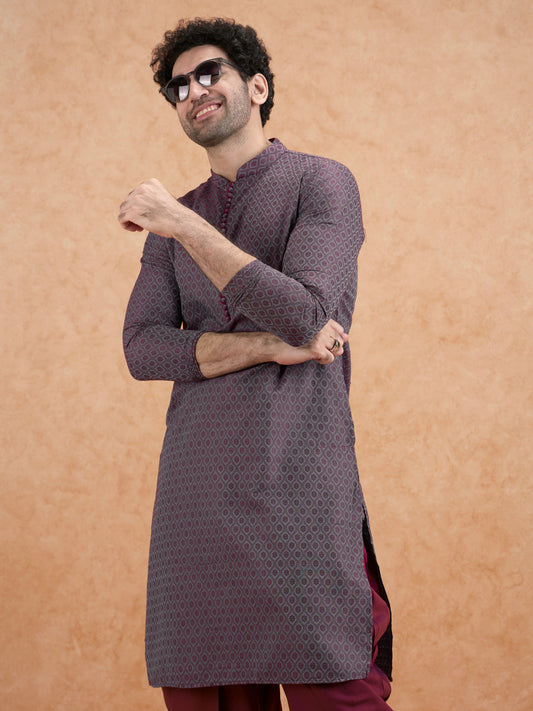 Maroon Silk Blend Geometric Long Kurta