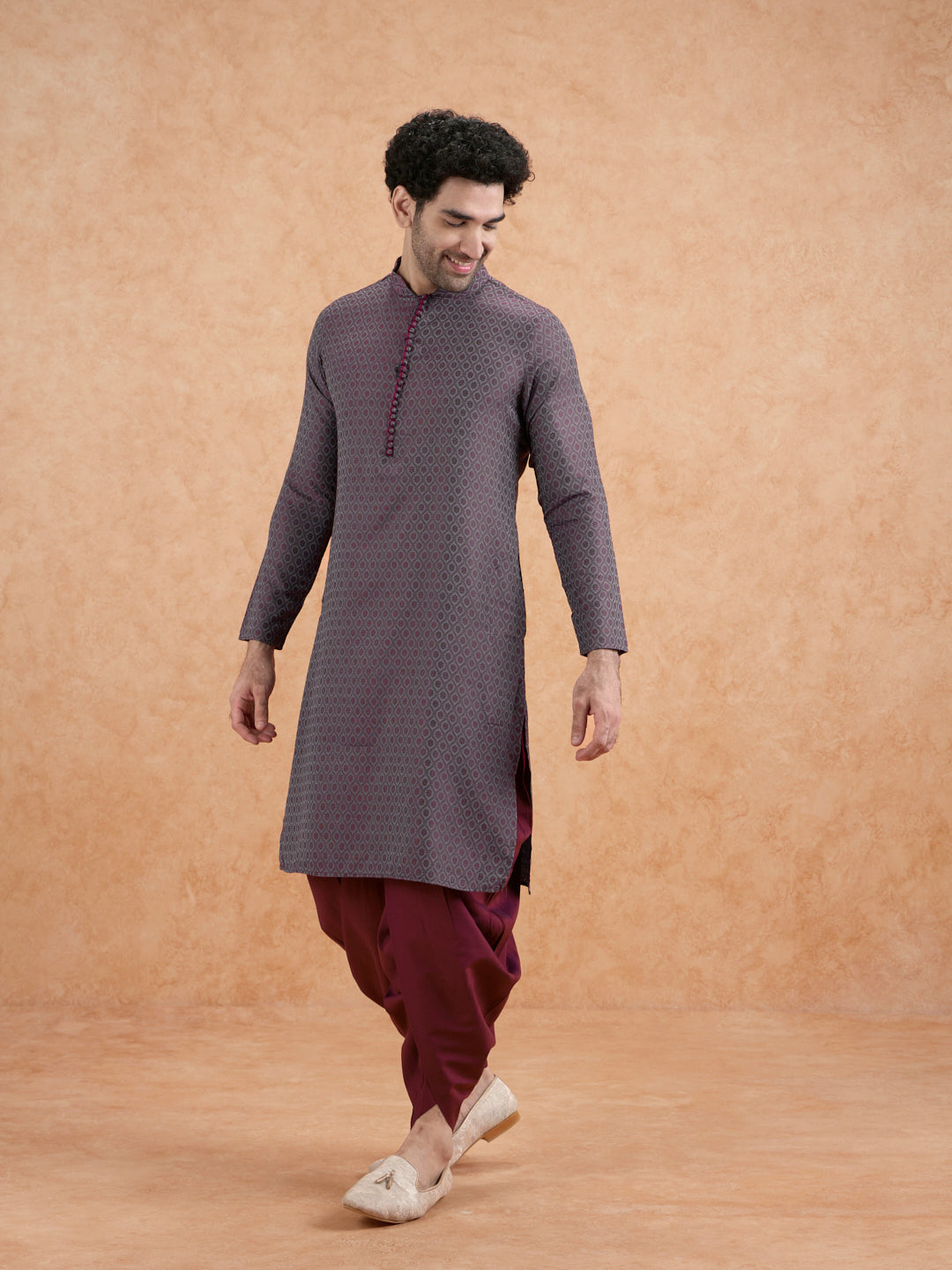 Maroon Silk Blend Geometric Long Kurta