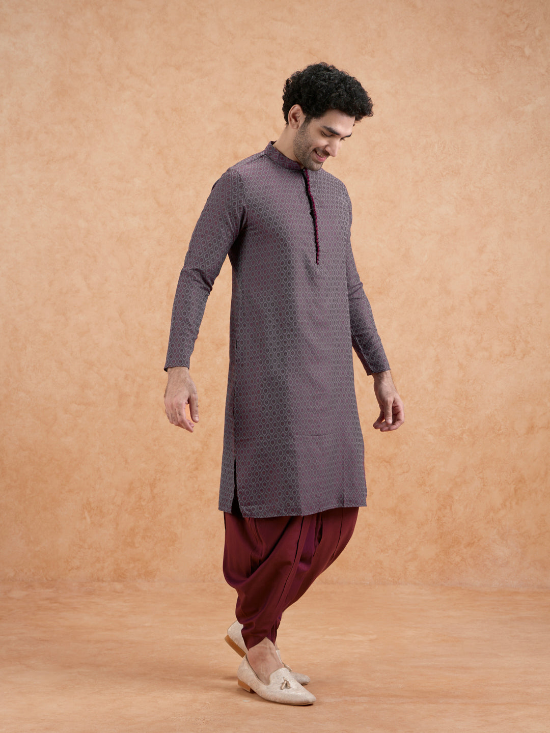 Maroon Silk Blend Geometric Long Kurta