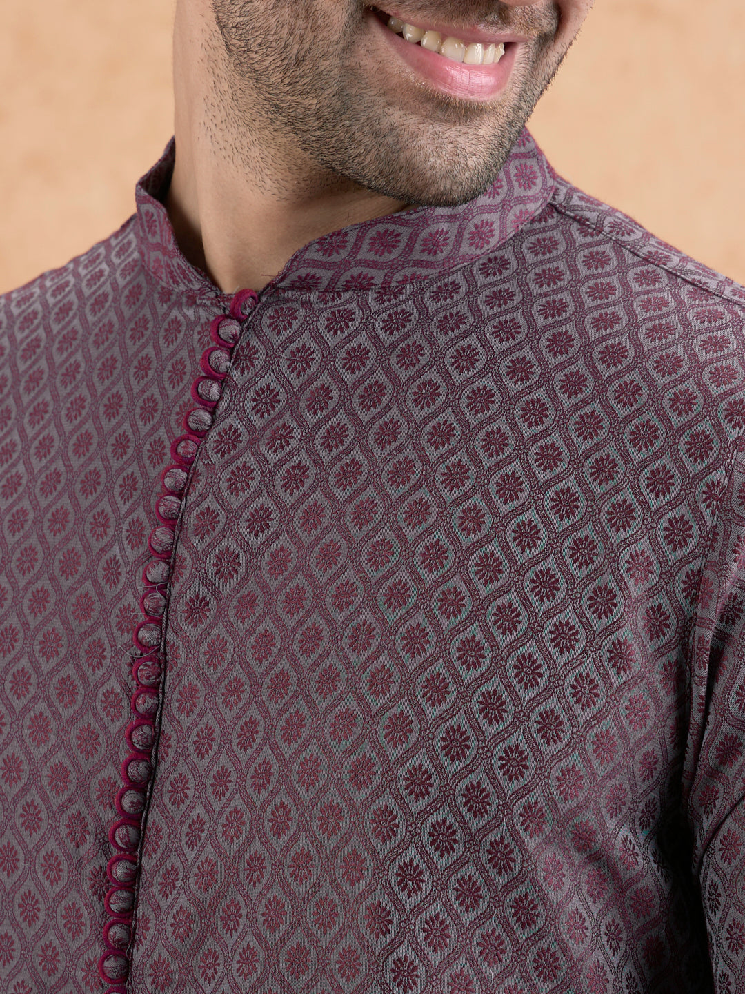 Maroon Silk Blend Geometric Long Kurta