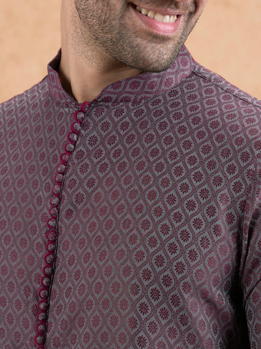 Maroon Silk Blend Geometric Long Kurta