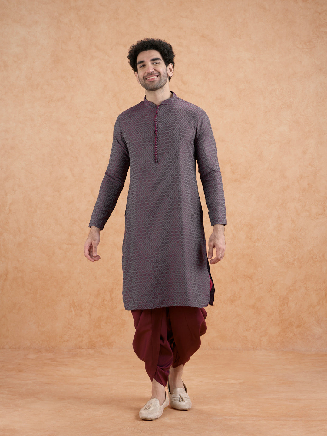 Maroon Silk Blend Geometric Long Kurta