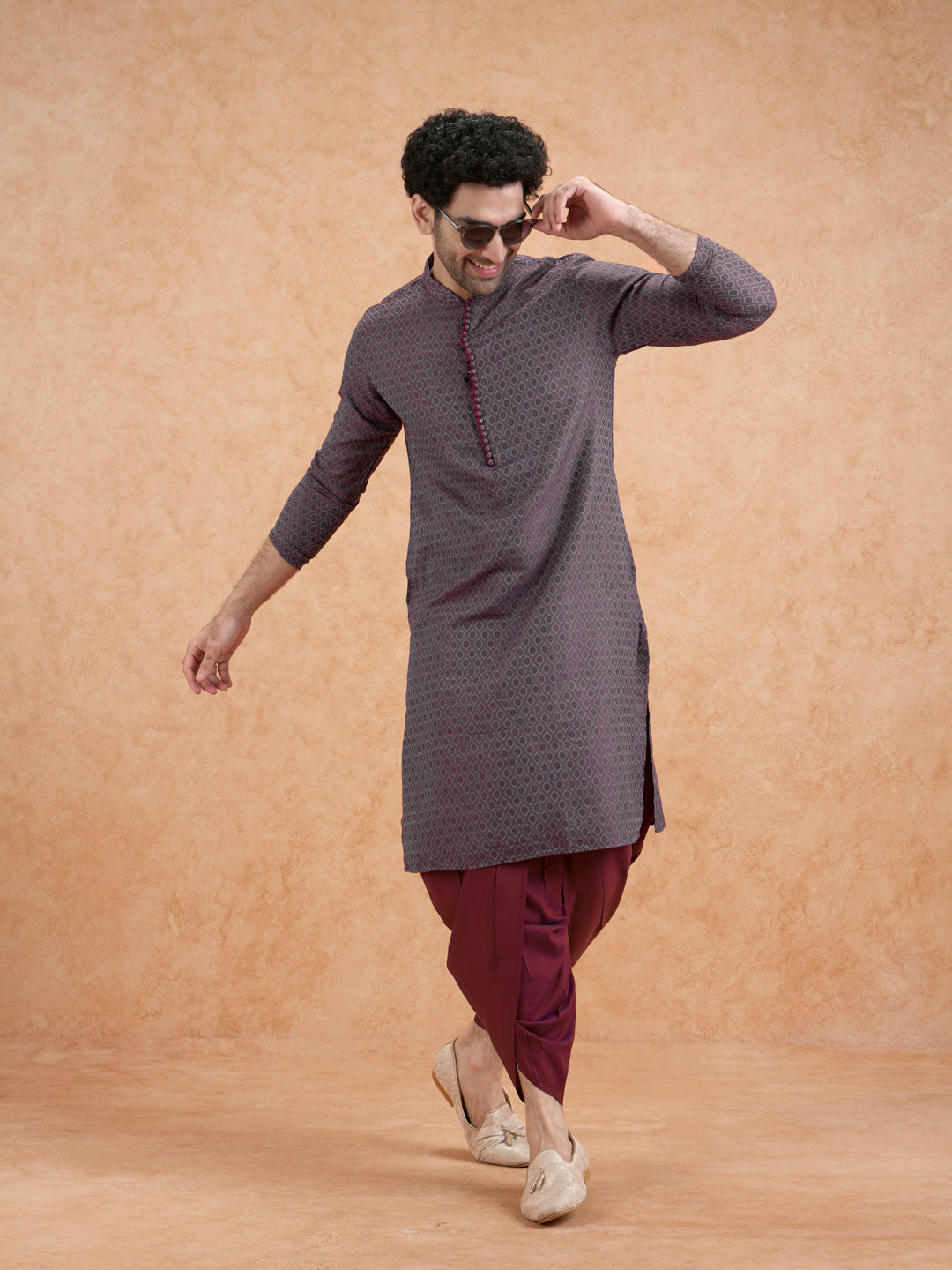 Maroon Silk Blend Geometric Long Kurta