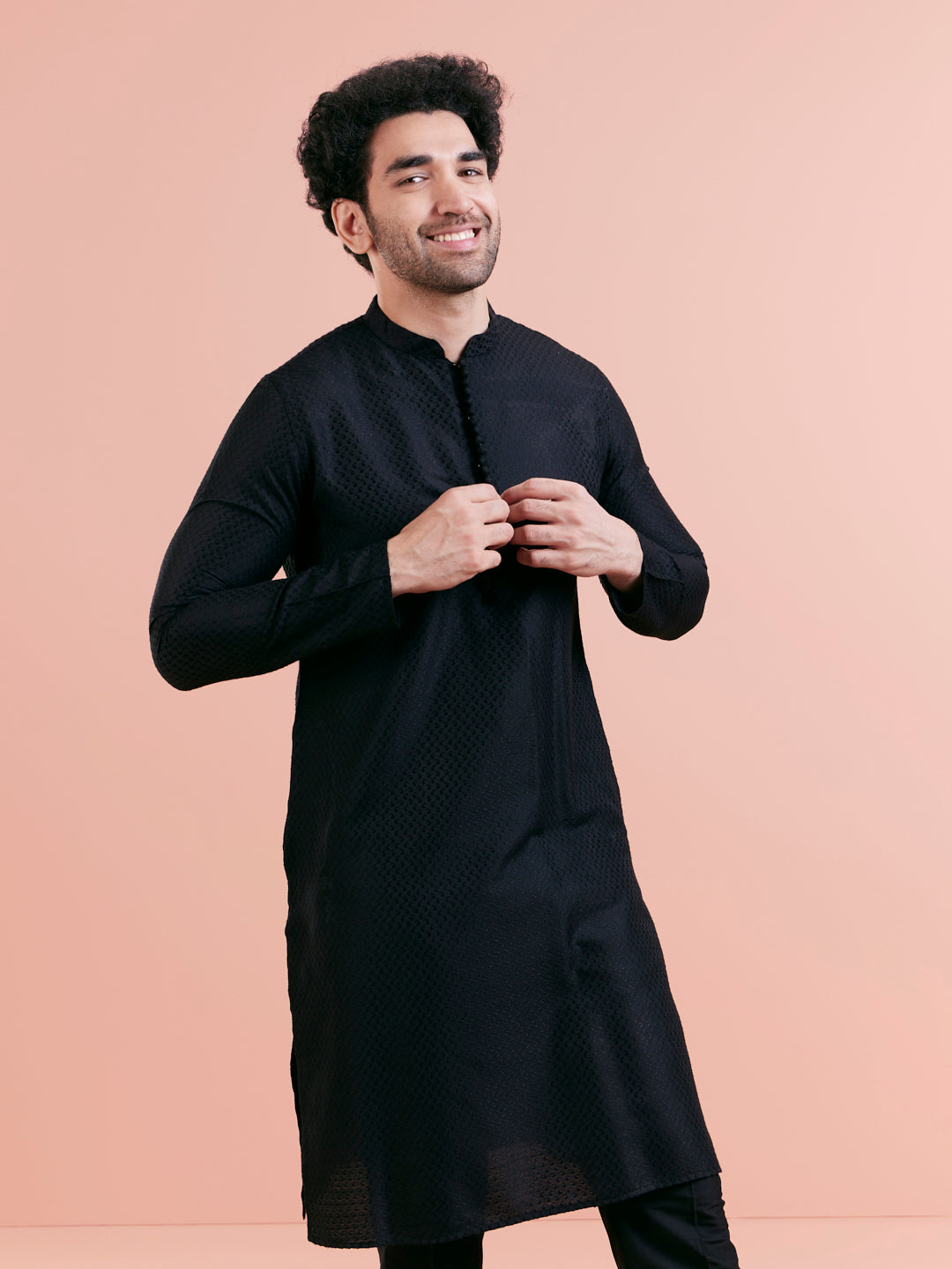 Black Cotton Self Textured Long Kurta
