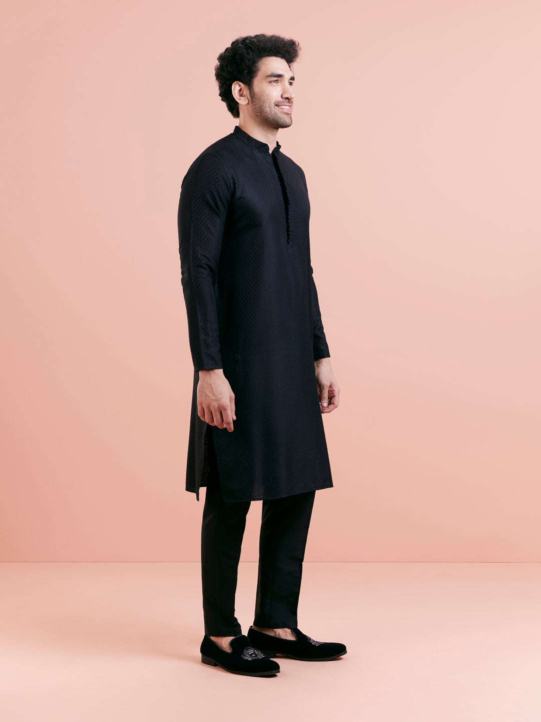 Black Cotton Self Textured Long Kurta