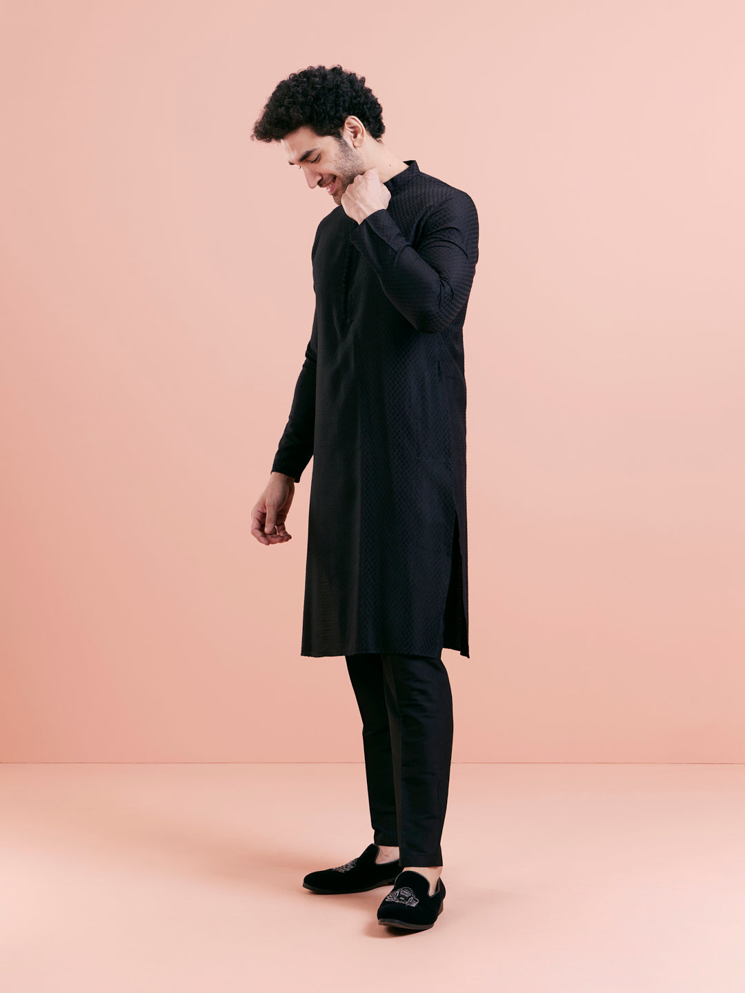 Black Cotton Self Textured Long Kurta
