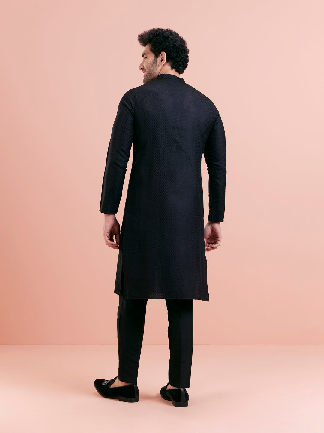 Black Cotton Self Textured Long Kurta